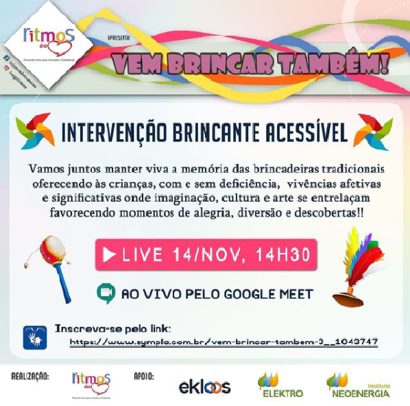 Banner com o título Vem Brincar Também e descrição do evento. Brinquedos em volta 